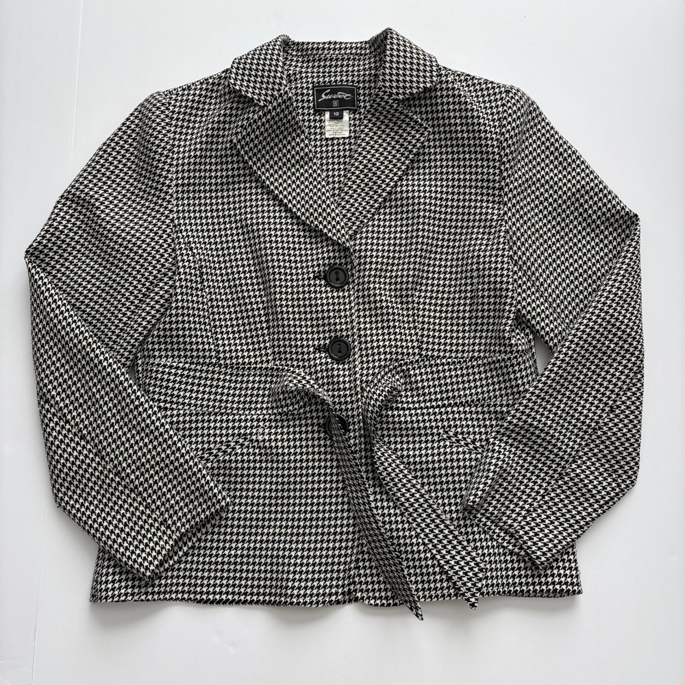 Sweet Suit Womens Houndstooth Blazer Jacket Black White Belted Size 12